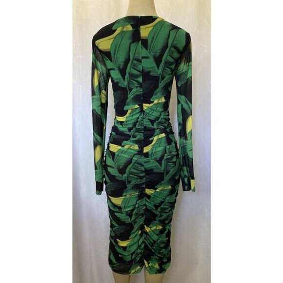 Ganni U neck Dress Banana Print Yellow Green Mesh Ruched Gathered Sheath… - Picture 6 of 9